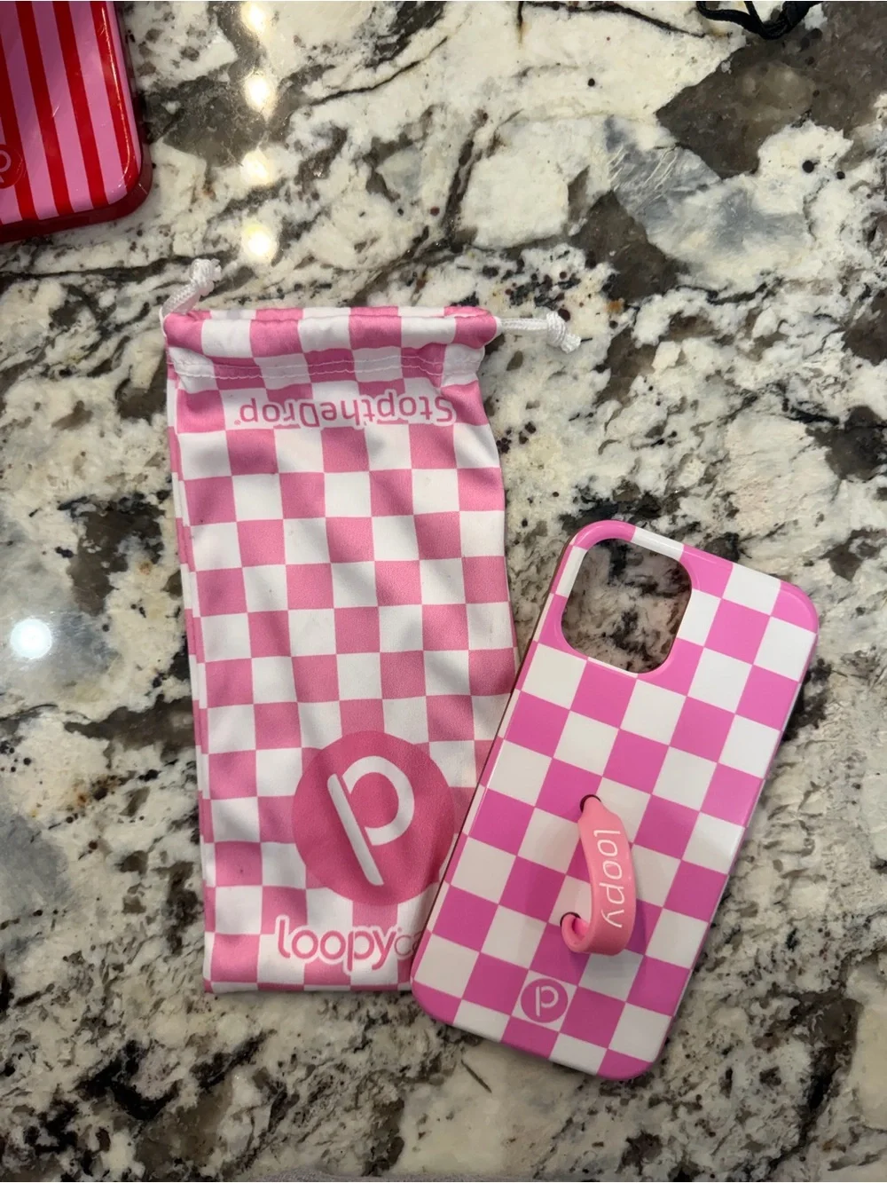 Loopy Case Pink and White Checkerboard Phone Case with Matching Pouch